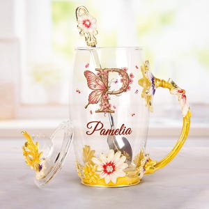 Personalized Floral Enamel Mug, Monogram Butterfly Glass Tea Cup For Grandma, Mom Custom Name Cup, Nana Mug, Mimi Birthday Gift For Woman