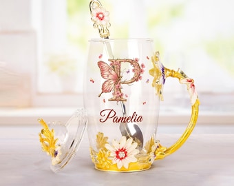 Personalized Floral Enamel Mug, Monogram Butterfly Glass Tea Cup For Grandma, Mom Custom Name Cup, Nana Mug, Mimi Birthday Gift For Woman