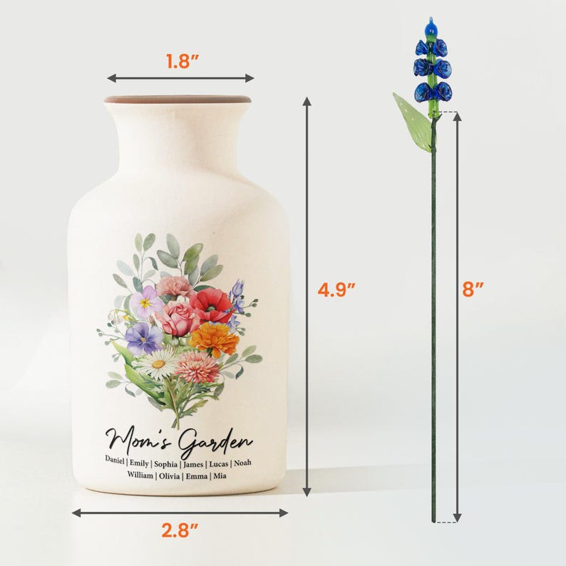 May include: A cream-colored ceramic vase, 4.9 inches tall, with a floral bouquet design and the text "Mom's Garden." The vase is 2.8 inches wide and 1.8 inches across the top. An 8-inch tall blue glass flower stem is next to the vase.