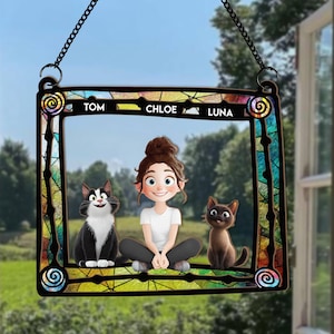 Cat Mom And Her Cats, Personalized Window Hanging Suncatcher Ornament, Custom Cat Cartoon Style, Gift For Cat Lovers, Loss of cat