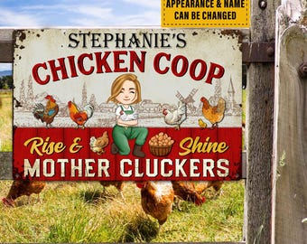 Personalized Rise And Shine Mother Cluckers Sign, Custom Name Chicken Coop Decor Metal, Funny Farm Gift For Mom Grandma Chicken Lady