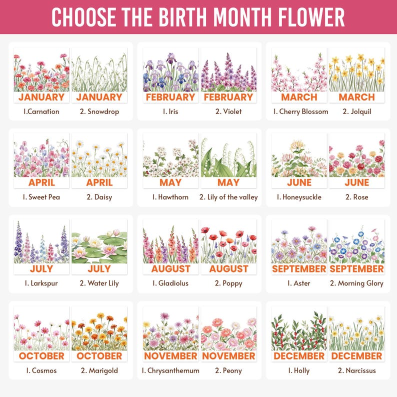 May include: A graphic displaying twelve images, each representing a month and two flowers. The text "CHOOSE THE BIRTH MONTH FLOWER" is at the top. The months are January to December, with flower names beneath each image.