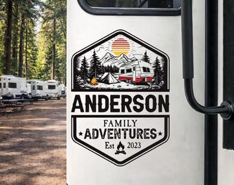 Family Adventures Personalized RV Decal, Custom Camper Sticker, Family Road Trip Trailer Sign, Motorhome Door Decor, RV Camping Gift