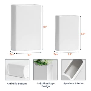 May include: Two white rectangular vases. The larger vase is 8.1 inches tall, 5.1 inches wide, and 2.6 inches deep. The smaller vase is 5.6 inches tall, 3.9 inches wide, and 2.4 inches deep. Features include an anti-slip bottom, imitation page design, and spacious interior.