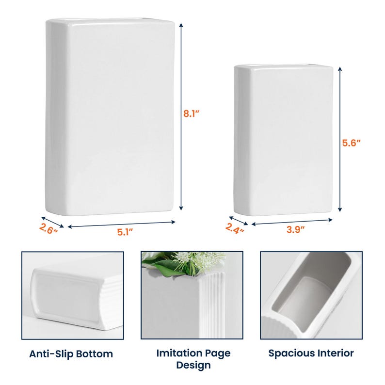 May include: Two white rectangular vases. The larger vase is 8.1 inches tall, 5.1 inches wide, and 2.6 inches deep. The smaller vase is 5.6 inches tall, 3.9 inches wide, and 2.4 inches deep. Features include an anti-slip bottom, imitation page design, and spacious interior.