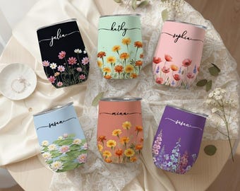 Birth Flower Name Personalized Wine Tumbler, Custom Stemless Cup Floral Birthday Gift, Mothers Day Present For Her Sister Best Friend