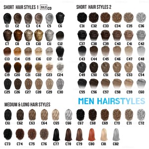 May include: A chart displaying various men's hairstyles, categorized as short, medium, and long. Each style is numbered and features different hair colors and textures, ranging from black to blonde and gray. The text "MEN HAIRSTYLES" is also visible.