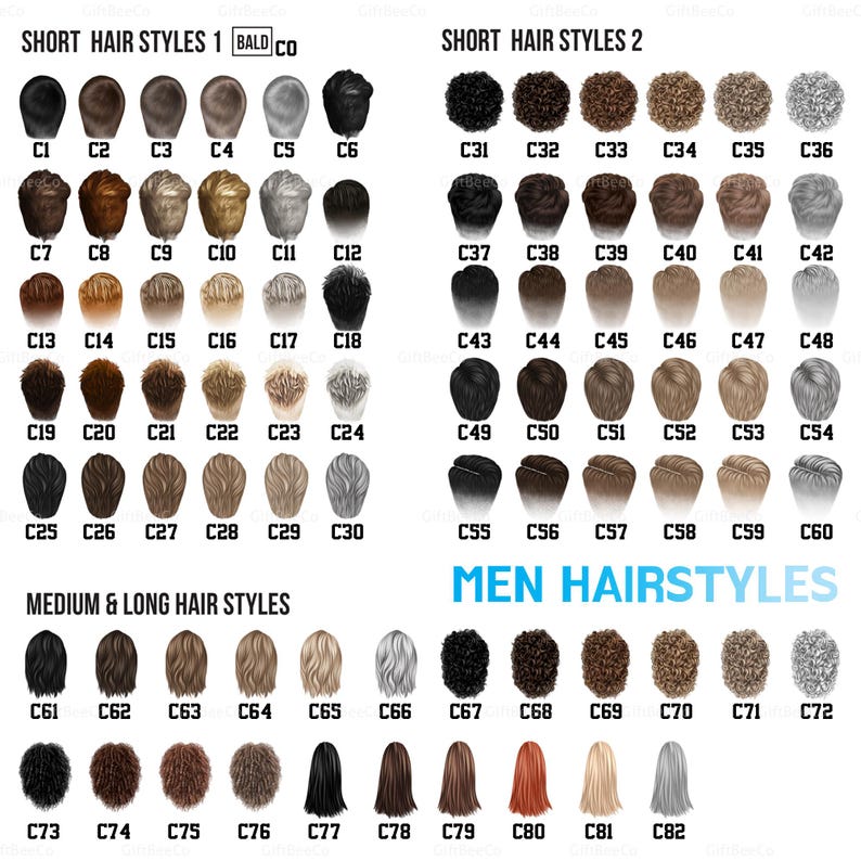 May include: A chart displaying various men's hairstyles, categorized as short, medium, and long. Each style is numbered and features different hair colors and textures, ranging from black to blonde and gray. The text "MEN HAIRSTYLES" is also visible.