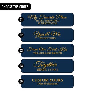 May include: A navy blue design with five rectangular options for quotes in gold script. The top option reads "My Favorite Place" and the bottom option says "Custom Yours". The text "Choose the Quote" is at the top.