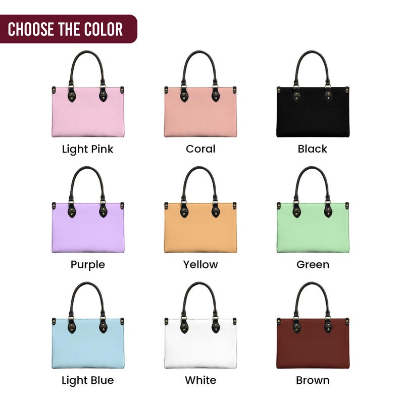 May include: A selection of tote bags in shades such as light pink, coral, black, purple, yellow, green, light blue, white, and brown. Each bag features black handles and trim, with the text "CHOOSE THE COLOR" at the top.