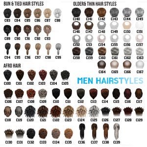 May include: A catalog of men's hairstyles, featuring various hair colors and styles. The image is organized into sections like "Bun & Tied Hair Styles," "Older & Thin Hair Styles," and "Afro Hair." Each style is labeled with a unique code.