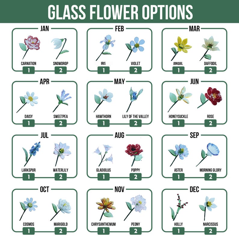 May include: A chart titled "GLASS FLOWER OPTIONS" displays 12 months, each with two glass flower options. The flowers include Carnation, Snowdrop, Iris, Violet, Jonquil, Daffodil, Daisy, Sweetpea, Hawthorn, Lily of the Valley, Honeysuckle, Rose, Larkspur, Waterlily, Gladiolus, Poppy, Aster, Morning Glory, Cosmos, Marigold, Chrysanthemum, Peony, Holly, and Narcissus.