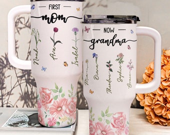 Personalized Birth Month Flowers, 40oz Tumbler With Straw, Mothers Day Gifts, Birthday Gifts For Mom, Nana, Mimi, Custom Kids Names