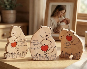 Personalized Mama Bear And Baby Wooden Puzzle, Custom First Mothers Day Gift For New Mom, Mother Daughter Son Figurine, Nursery Room Decor