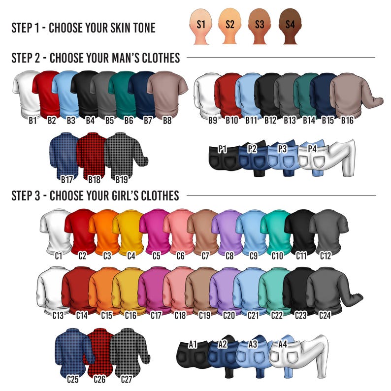 May include: A graphic with options for customizing a design. It includes choices for skin tones, men's clothing, and women's clothing. The text reads "STEP 1 - CHOOSE YOUR SKIN TONE", "STEP 2 - CHOOSE YOUR MAN'S CLOTHES", and "STEP 3 - CHOOSE YOUR GIRL'S CLOTHES".