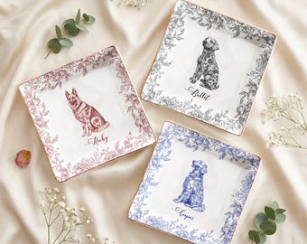 Dog Lover Gift Dog Breeds Chinoiserie Toile De Jouy Style, Personalized Jewelry Dish Gift for Dog Cat Lover,Dog Dad Dog Mom Trinket Dish
