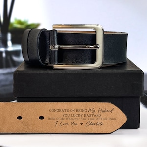 Ceinture faite main personnalisée cadeau amusant pour mari, cadeau fête des pères, ceinture en cuir gravée pour mariés, cuir véritable, cadeau d'anniversaire fiancé Black & Elegant Box