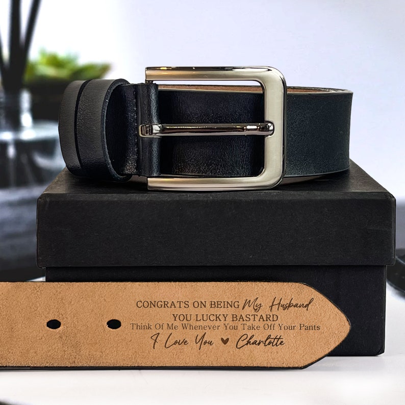 Cinturón hecho a mano personalizado: regalo divertido para el marido, regalo del día del padre, cinturón de cuero grabado novios hombres, cuero genuino, regalo de aniversario prometido Black & Elegant Box