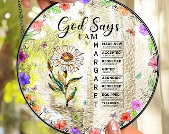 God Says I Am Name Letter In Bible, Personalized Stained Glass Window Hanging Suncatcher, Custom Scripture Gift for Women, Religious Gift