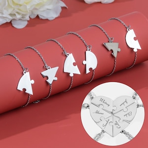 Engraved Names, Personalized Heart Puzzle Bracelet, Customized Heart Puzzle Name Necklace, Customized Family Necklaces, Graduation Gift