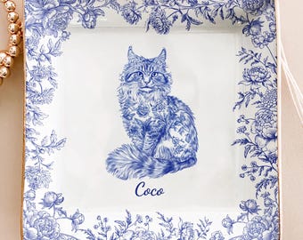Cat Lover Chinoiserie Toile De Jouy Style, Personalized Jewelry Dish, Cat Mom Gift,Custom Cat Breed Ring Dish, Cat Mom Cat Dad Trinket Tray
