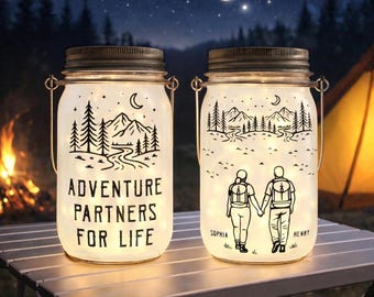 Custom Camping Couple Mason Jar Light, Adventure Partners For Life, Hiking Couple, Anniversary Gift, Valentine's Day Gift, Wedding Gift