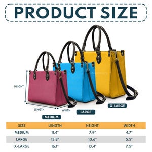 May include: Three handbags in magenta, blue, and yellow, in medium, large, and X-large sizes. Each bag has black handles and a shoulder strap. The medium bag is 29 cm long, 20 cm high, and 12 cm wide. The image includes a size chart.