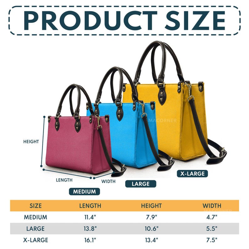May include: Three handbags in magenta, blue, and yellow, in medium, large, and X-large sizes. Each bag has black handles and a shoulder strap. The medium bag is 29 cm long, 20 cm high, and 12 cm wide. The image includes a size chart.