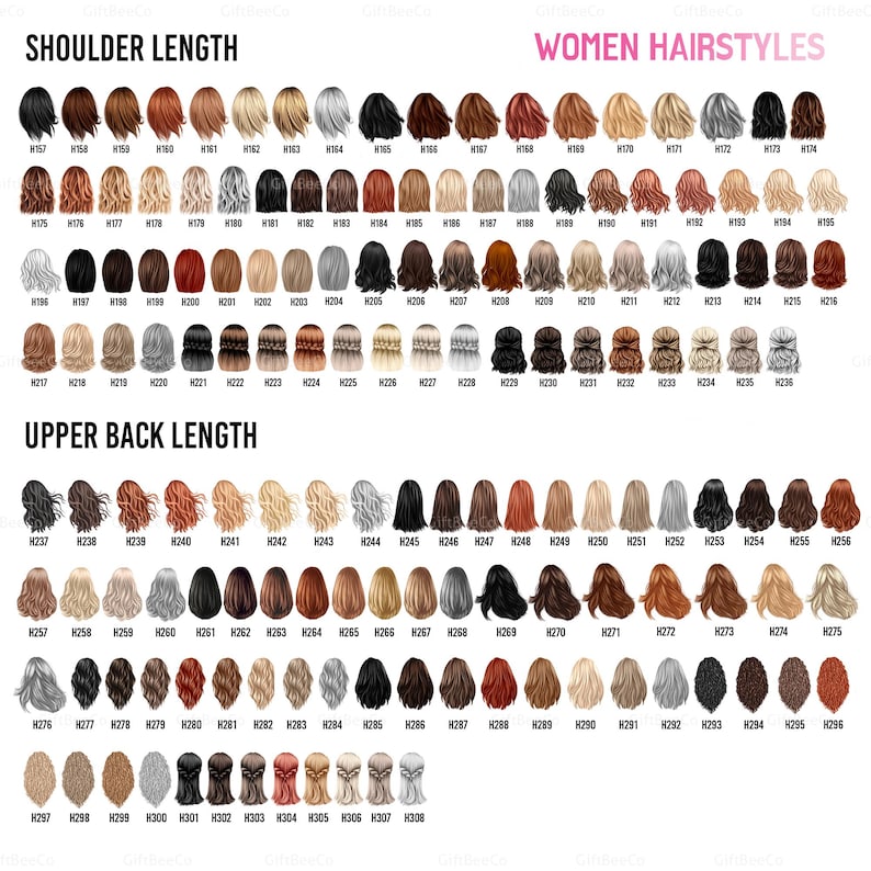 May include: A chart displaying various women's hairstyles, categorized by shoulder and upper back length. The image features numerous illustrations of different hair colors and styles, labeled with numerical identifiers.