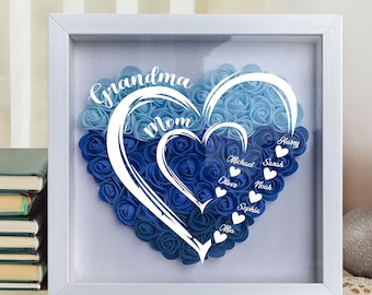 Personalized Heart Flower Shadow Box with Names,Mother's Day Gifts For Grandma, Custom Frame Gift for Mother's Day, Flower Gift Box for Mom