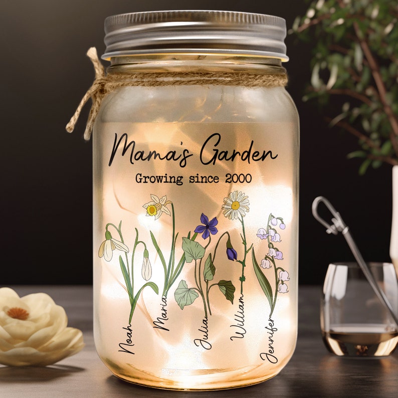 Mama's Garden Mason Jar Light, Personalized Night Light, Mothers Day ...