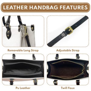 May include: Image detailing leather handbag features. The handbag is white and black, with a removable long strap and an adjustable strap. It features Pu leather and a twill faux interior. Gold-coloured hardware is visible.