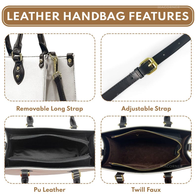 May include: Image detailing leather handbag features. The handbag is white and black, with a removable long strap and an adjustable strap. It features Pu leather and a twill faux interior. Gold-coloured hardware is visible.