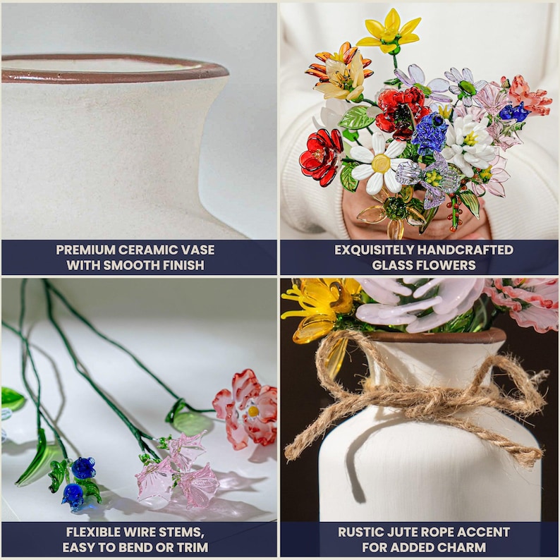 May include: A white ceramic vase with a smooth finish and a brown rim, accented with a rustic jute rope. The image also shows exquisitely handcrafted glass flowers with flexible wire stems, easy to bend or trim.