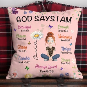 God Say I Am Personalized Pillow, Custom Birth Flower Pillow, Positive Affirmation Pillow, Christian Pillow, Birthday Christmas Gift For Her image 1