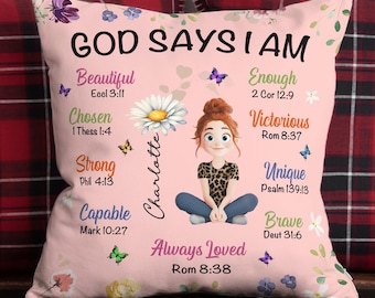 God Say I Am Personalized Pillow, Custom Birth Flower Pillow, Positive Affirmation Pillow, Christian Pillow, Birthday Christmas Gift For Her