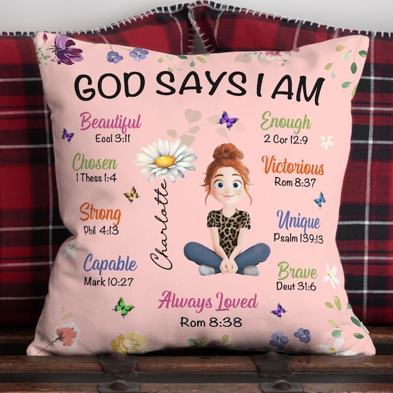 God Say I Am Personalized Pillow, Custom Birth Flower Pillow, Positive Affirmation Pillow, Christian Pillow, Birthday Christmas Gift For Her