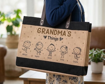 Personalized Grandma Thing Tote Bag, Custom Grandkid Name Hand Bag, Nana Weekender Bag, Mothers Day Gift For Her, Mimi Birthday Gift