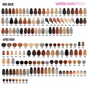 May include: A chart displaying various women's hairstyles, categorized as Mid Back, Women Hairstyles, and Afro Hair. Each hairstyle is numbered, showcasing a diverse range of hair colors and textures, from blonde to black, straight to curly.