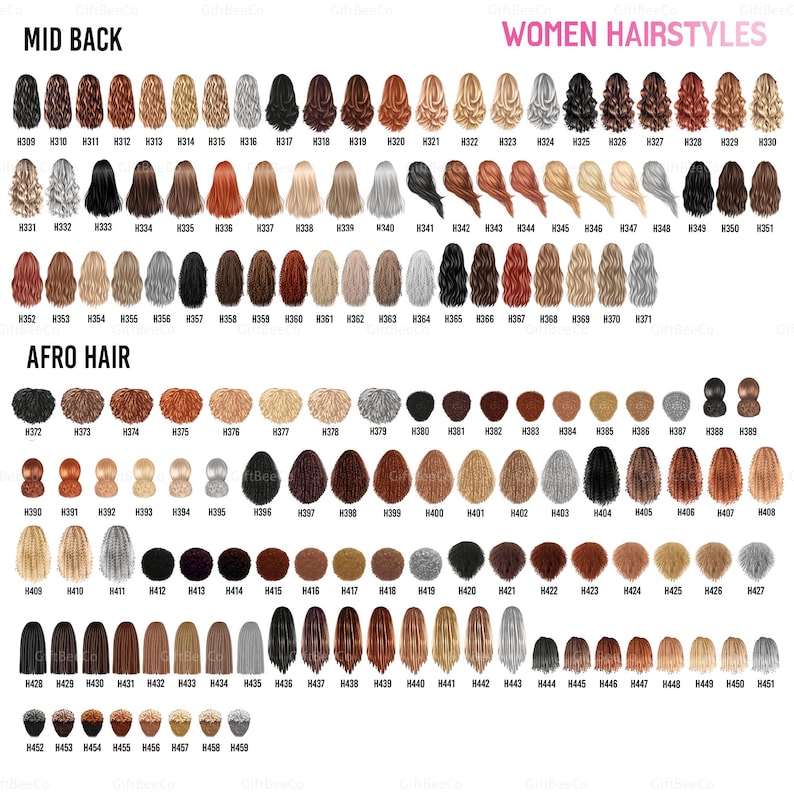 May include: A chart displaying various women's hairstyles, categorized as Mid Back, Women Hairstyles, and Afro Hair. Each hairstyle is numbered, showcasing a diverse range of hair colors and textures, from blonde to black, straight to curly.