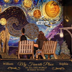 May include: A layered wooden art piece depicting a couple seated in front of a starry night scene, with LED lights. The artwork features the text "My Favorite Place" and names "William" and "Sophia". The background is a swirling blue and yellow night sky.