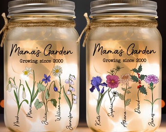 Mama's Garden Mason Jar Light, Personalized Night Light, Mothers Day Gifts For Grandma, Gifts For Mom, Nana, Nanny, Custom Kids Names