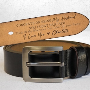 Cinturón hecho a mano personalizado: regalo divertido para el marido, regalo del día del padre, cinturón de cuero grabado novios hombres, cuero genuino, regalo de aniversario prometido Black -No Box