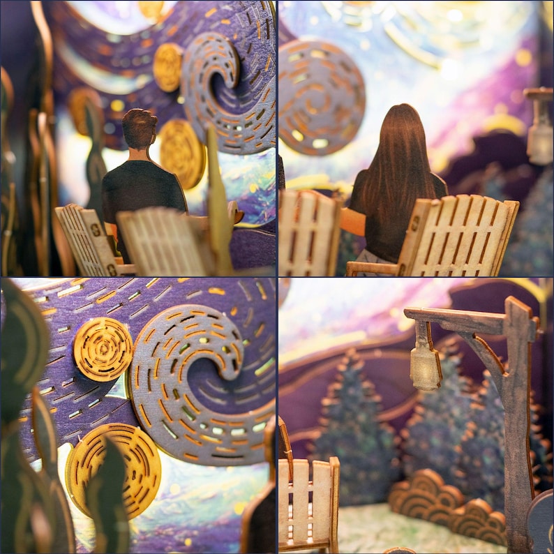 May include: A multi-panel image of a 3D paper art diorama depicting a scene inspired by Van Gogh's "Starry Night." The artwork features figures seated at a table, a swirling night sky, and a wooden lantern.