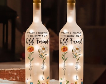 Amis de longue date, lampe bouteille personnalisée, cadeau pour meilleure amie, âme soeur, cadeau d'anniversaire, lampe bouteille fleur mois de naissance