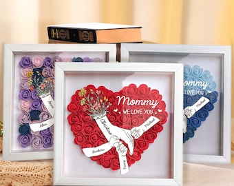 We Love You Mommy Hand Holding, Personalized Flower Handprints Shadow Box For Mom Gift,Custom frame gift for Mother's Day,Gifts for Grandma