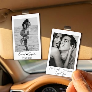 May include: Two black and white photo car visor clips. One shows a couple on a beach with the text "David ♥ Sophia" and "09/28/2025". The other shows a couple with the text "Drive Safe Handsome I Love You".