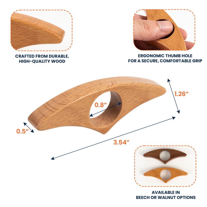 May include: A wooden thumb page holder, crafted from durable wood. The holder features an ergonomic thumb hole for a secure grip. Dimensions are 3.54" long, 1.26" high, and 0.5" thick. Available in beech or walnut options.