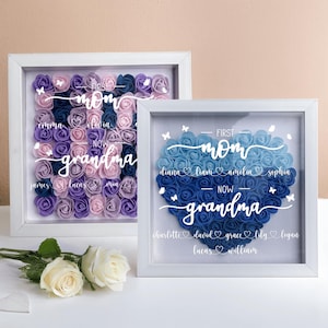 First Mom Now Grandma, Personalized Flower Heart Shadow Box for Mom,Roses Shadowbox with Names,Custom Frame Gift for Mother's Day,Mom's Gift