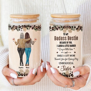 Funny Bestie Glass Coffee Cups with Lid & Straw, Personalized Glass Mugs Birthday Gift for Her, Best Friend Sister, Custom Friendship Gift image 1